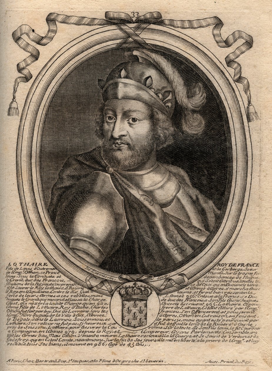Portræt af Lothair (941 - 986), Frankernes konge - Lothair (941-986) Kongen af ​​Frankrig - gravering fra 