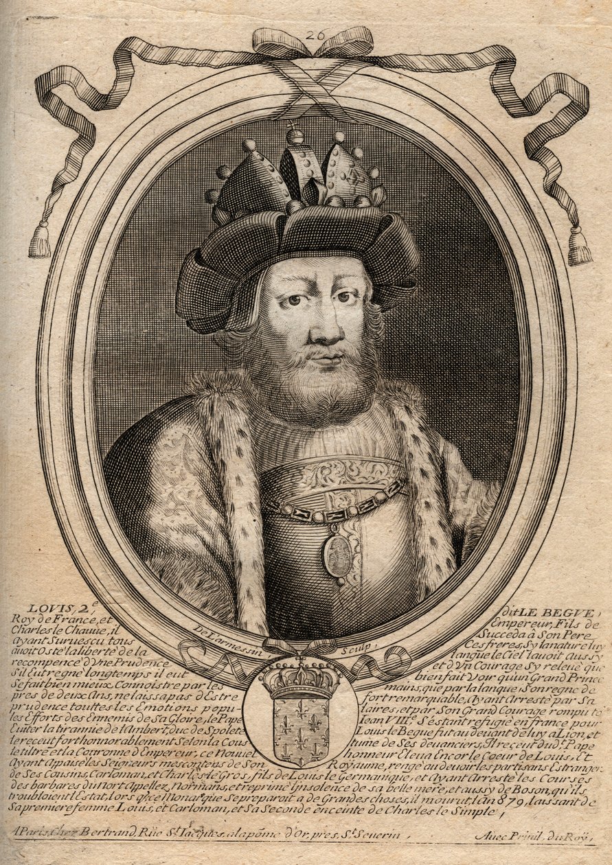 Portræt af Ludvig II Begue eller Svømmen (846 - 879), Konge af Francs - Ludvig II Stammeren 848 til 879 - gravering fra 