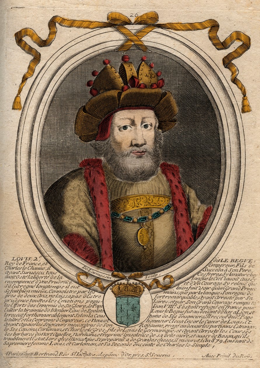 Portræt af Ludvig II Begue eller Svømmen (846 - 879), Kongen af Francs - Ludvig II Stammeren 848 til 879 - gravering fra 