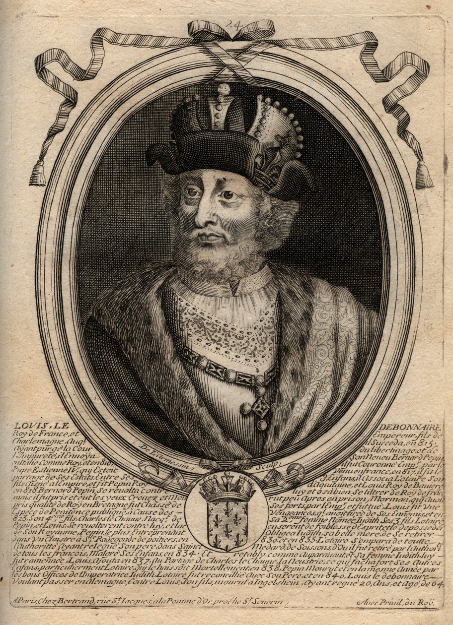 Portræt af Ludvig I den fromme (778-840), konge af Frankrig - Ludvig I den "Fromme" (778-840) hellig romersk kejser - gravering fra 
