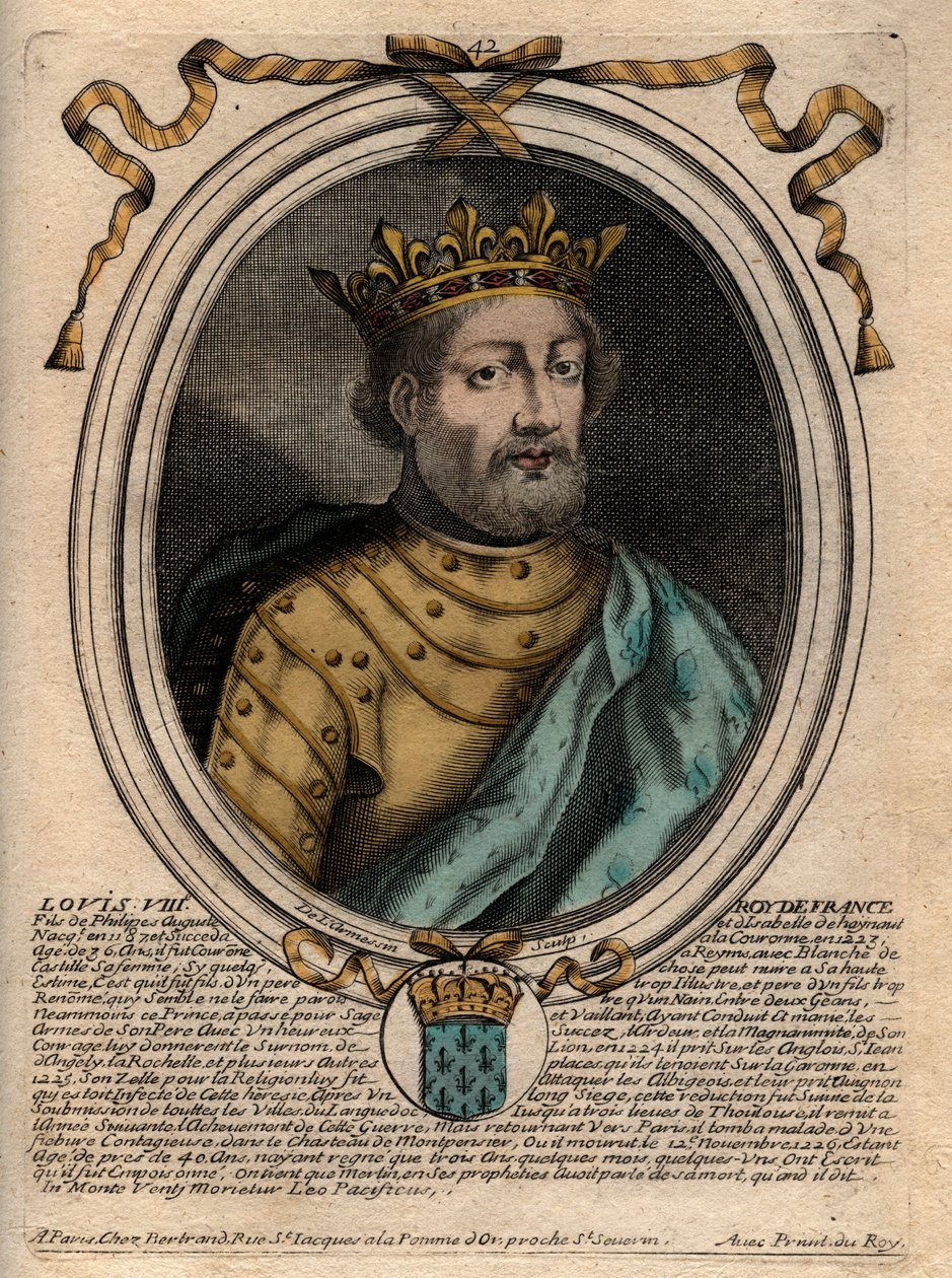 Portræt af Louis VIII (1187-1226), Konge af Frankrig - Ludvig VIII (1187-1226) Konge af Frankrig - Indgravering fra "" Les Augustes Repræsentationer af alle Frankrigs konger fra Pharamond til Louis XIV"", Paris af de Larmessin