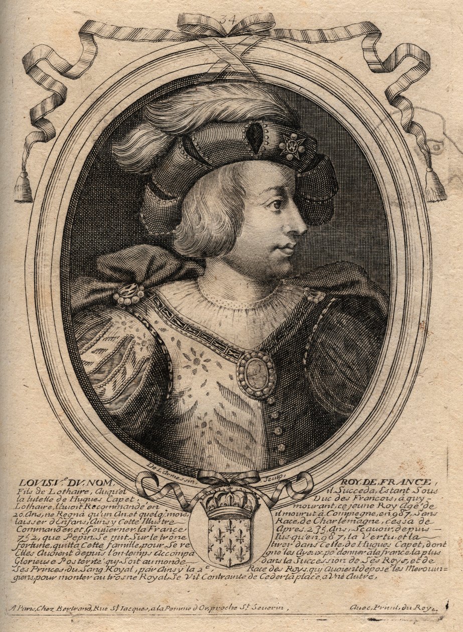 Portræt af Louis V the Faineant (967 - 987), konge af Frankrig - Louis V the Indolent (967-987) gravering fra 