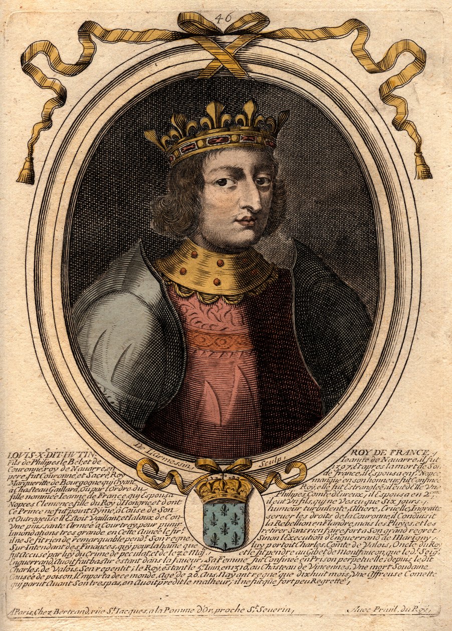 Portræt af Ludvig X Hutinen (1289 - 1316), Kongen af Frankrig - Ludvig X (1289-1316) den Stædige, Kongen af Frankrig og Navarra - indgravering fra 