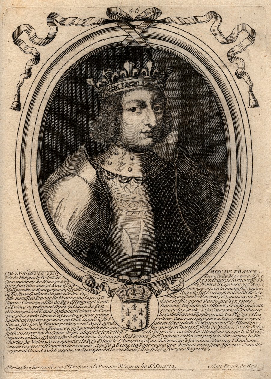 Portræt af Ludvig X Hutinen (1289 - 1316), Kongen af Frankrig - Ludvig X (1289-1316) den Stædige, Kongen af Frankrig og Navarra - indgravering fra 