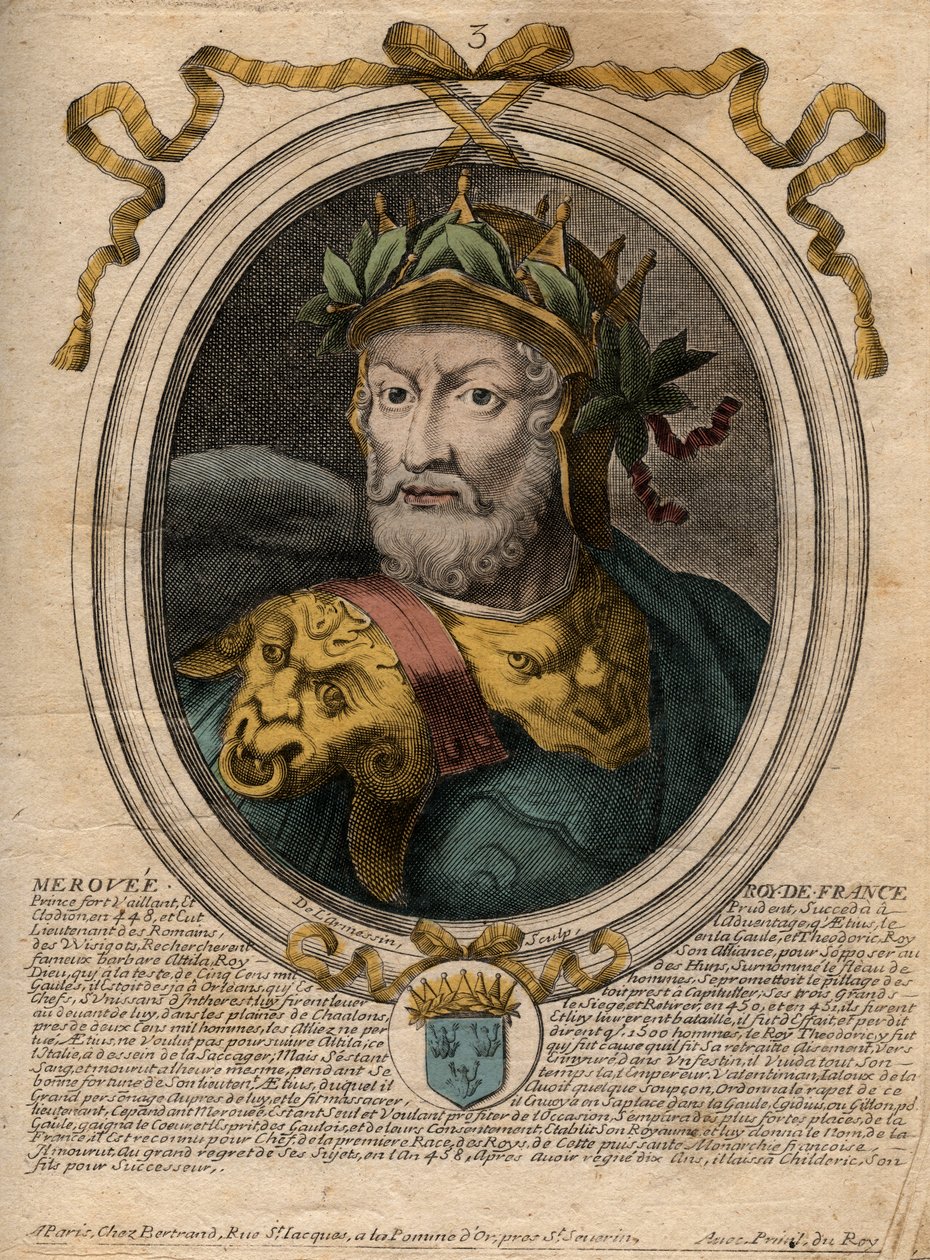 Portræt af Merovee eller Merovech, frankkonge (v448-v458), den første konge af den merovingerske race - Portræt af Merovech (Meroveus) (d456) Kongen af Salian Franks - gravering fra 