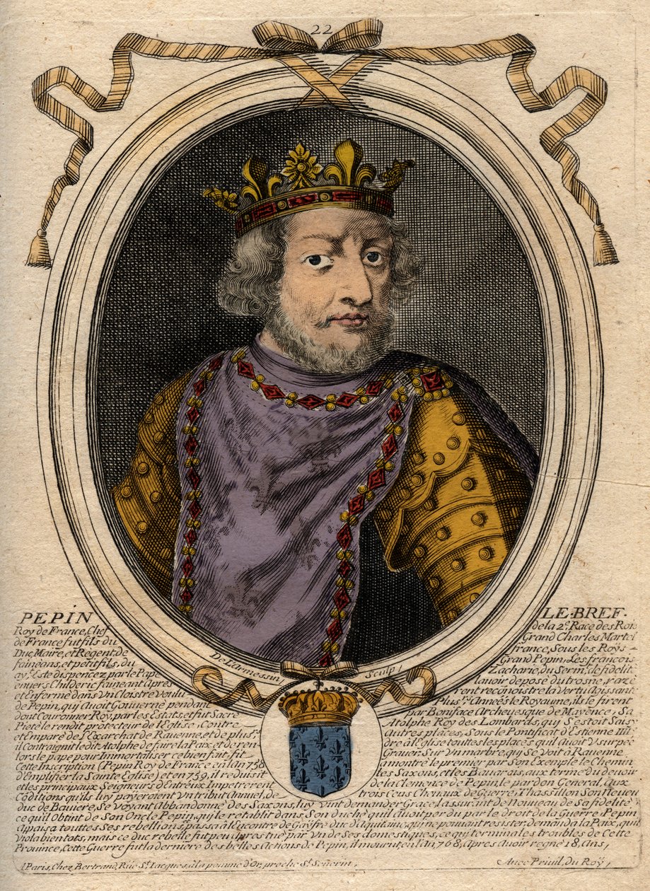 Portræt af Pepin III dit Pepin le Brief (714-768) konge af Frankrig - Pepin III (714-768) (Pepin den Korte) Frankernes konge - gravering fra 