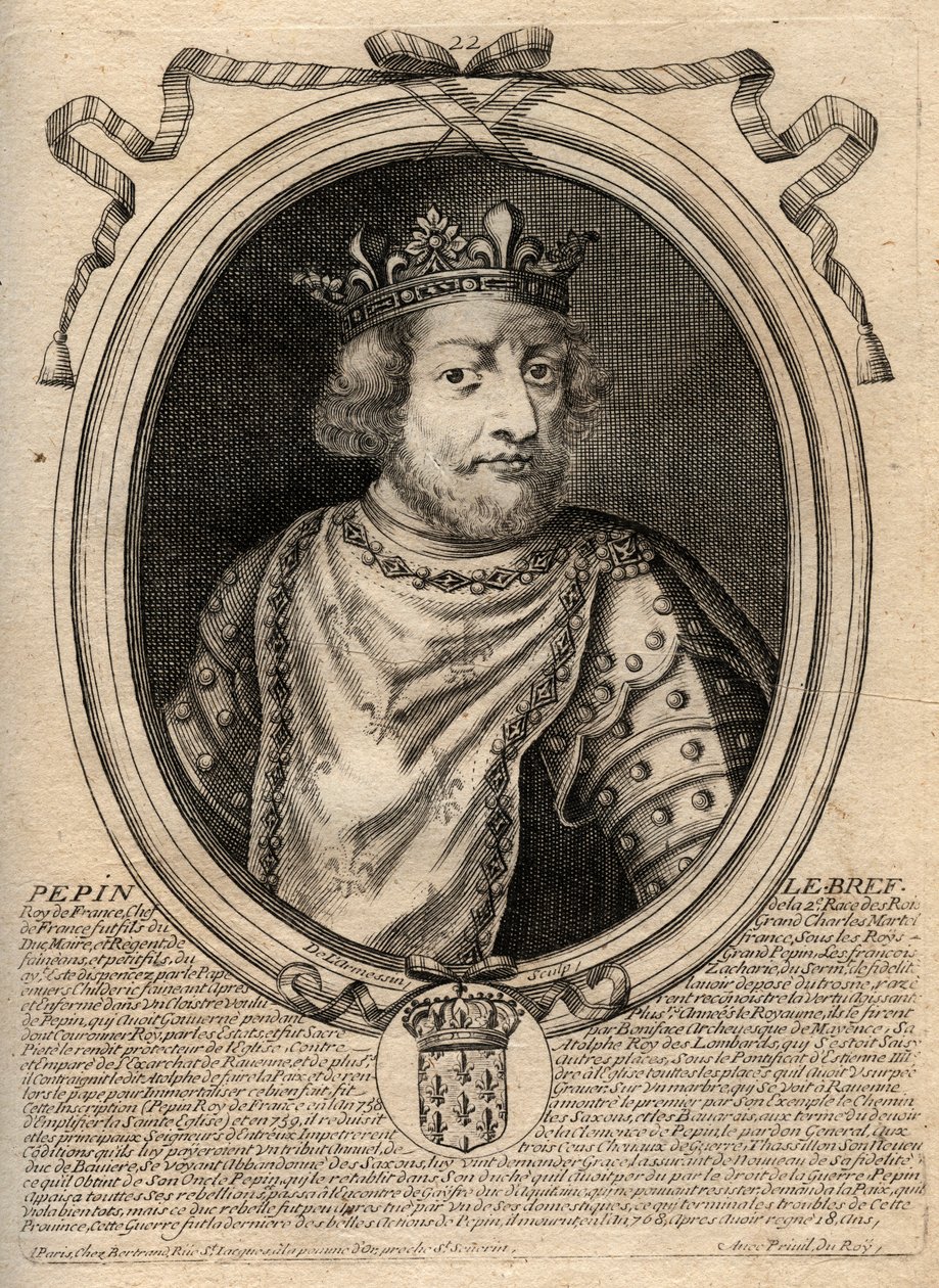 Portræt af Pepin III dit Pepin le Brief (714-768) konge af Frankrig - Pepin III (714-68) (Pepin den Korte) Frankens konge - gravering fra 