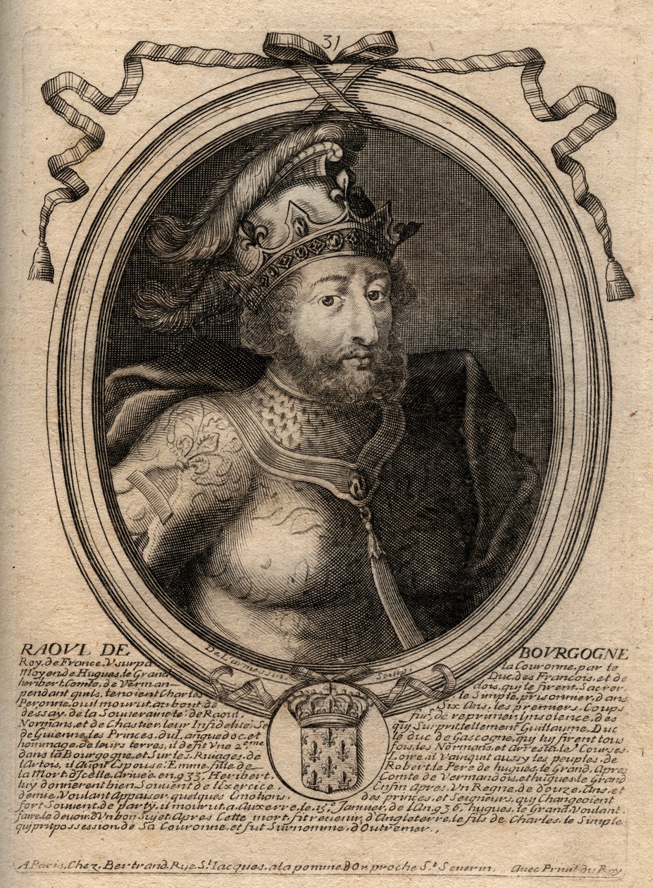 Portræt af Raoul af Frankrig (eller Rodolphe, ca. 890-936) Frankernes konge - Rudolph (Raoul, Rodolphe) af Bourgogne, konge af Frankrig (923-936) - gravering fra 