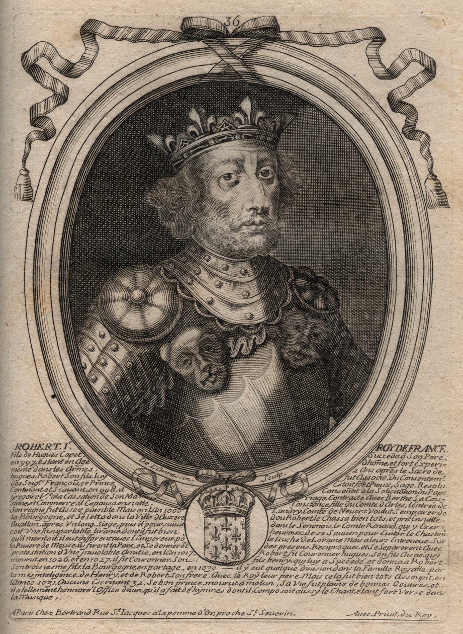 Portræt af Robert II den fromme (ca. 972 - 1031), konge af Frankrig - kong Robert II, kaldet den fromme - gravering fra 