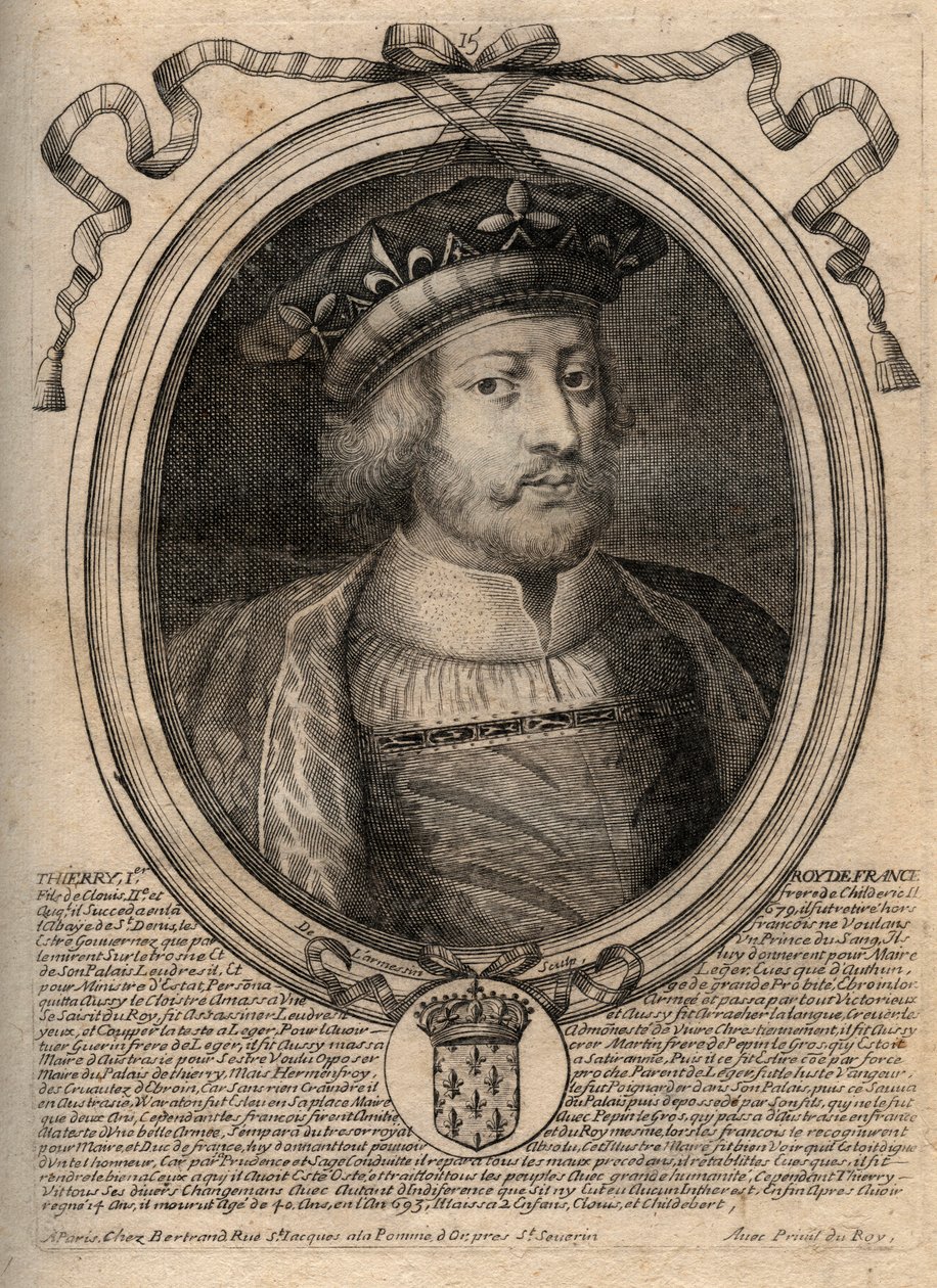 Portræt af Thierry III (ca. 657-691), konge af frankerne af Neustrien (673-675) og konge af alle frankerne (679-691) På bogen står der skrevet "" Thierry I""" men det er en fejl - Theuderik III (Theuderich, Theoderic, Theodoric), konge af Neustrien (673-67 af de Larmessin