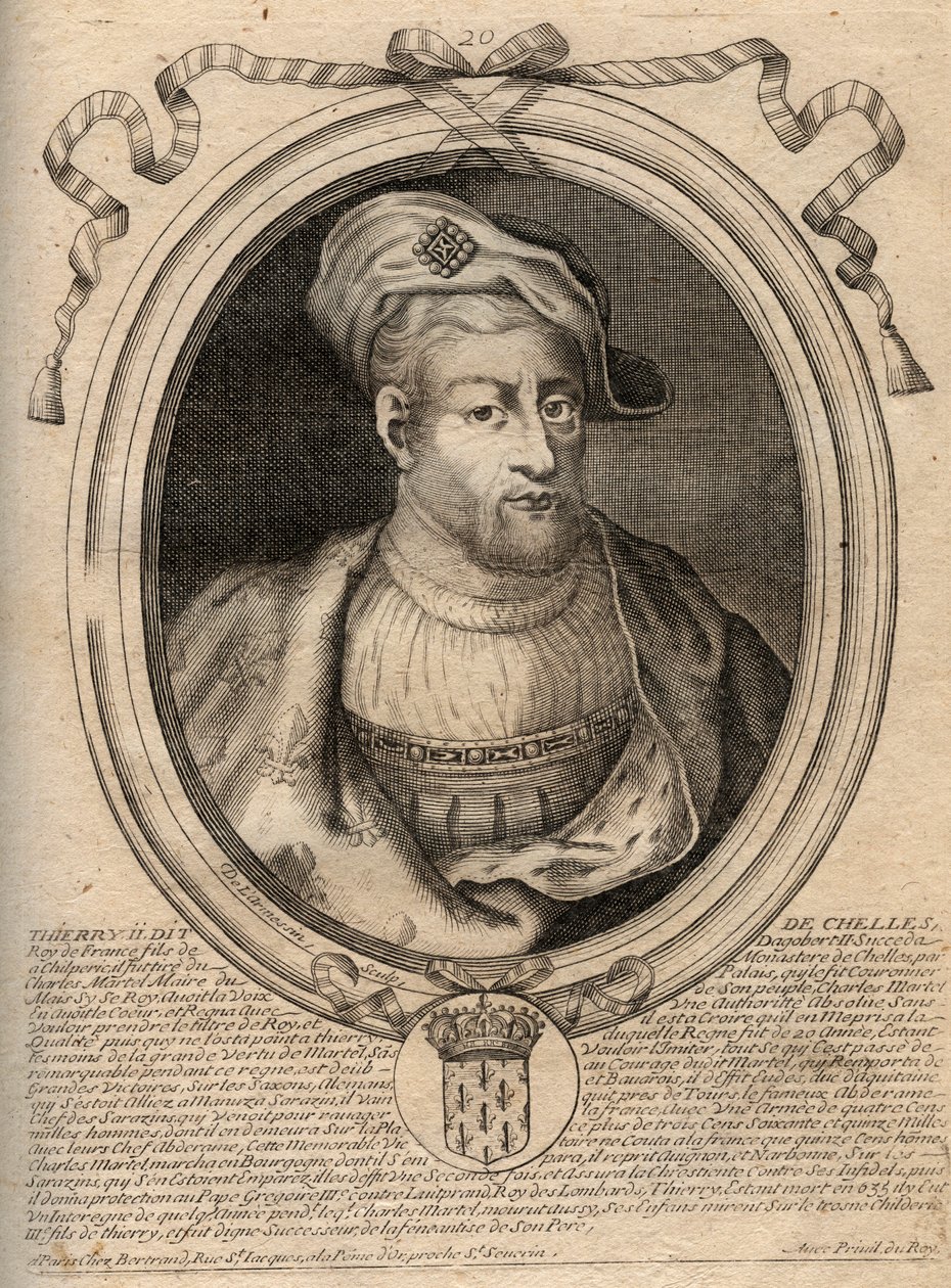 Portræt af Thierry IV (713-737) frankernes konge fra 721 til 737 - THIERRY IV (Theodoric) konge af frankerne - gravering fra 