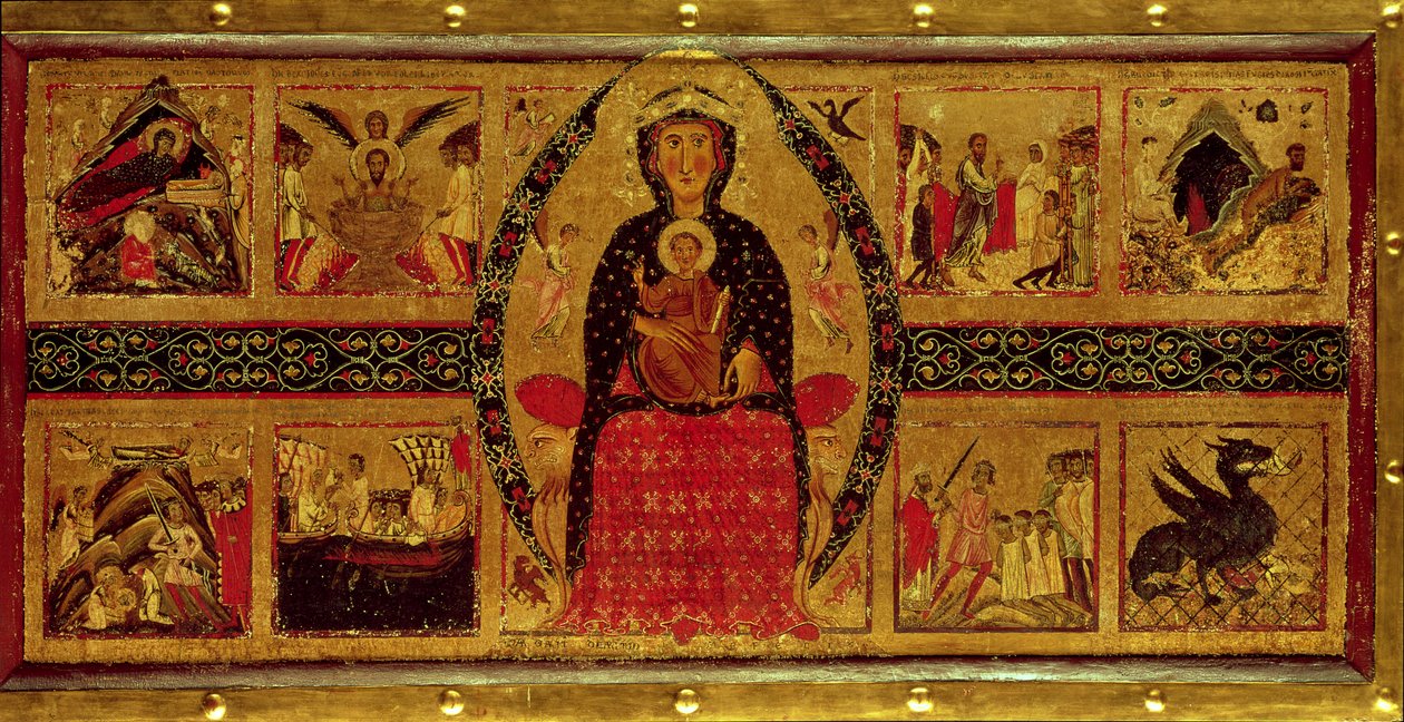 Jomfruen og barnet på tronen, med scener fra fødselen og de helliges liv, 1260 af di Magnano da Arezzo Margaritone