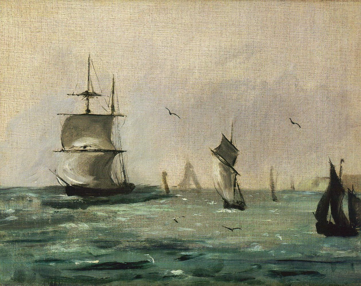 Sejlskibe og måger af Édouard Manet