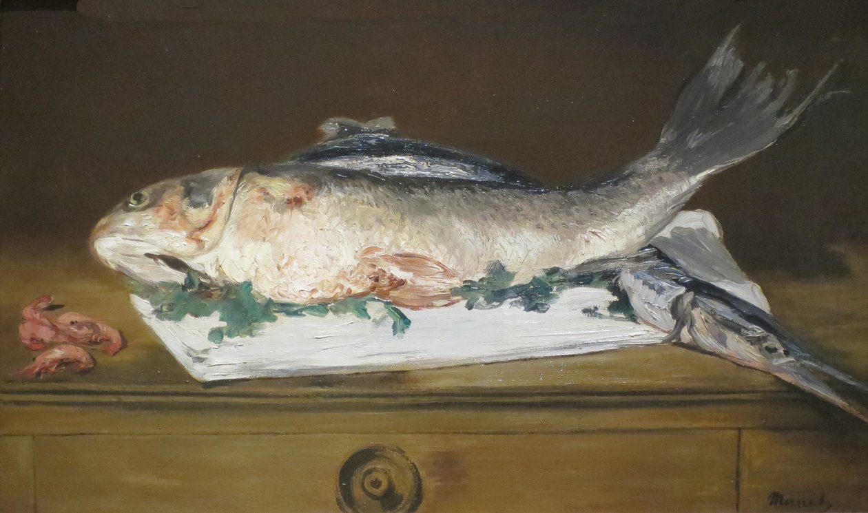 Stilleben, laks, gedde og rejer af Édouard Manet