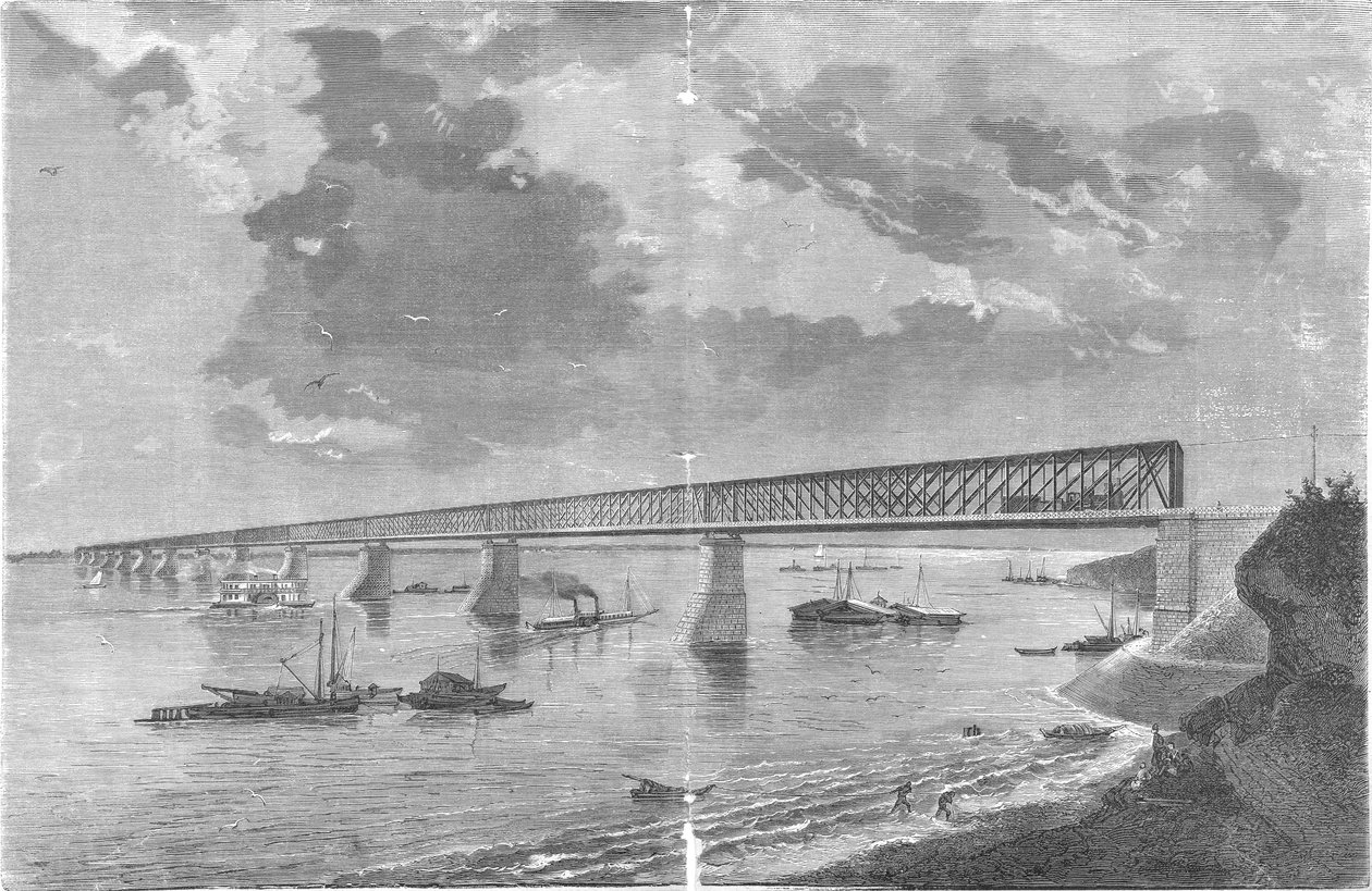 Syzranskiy Bridge (Alexandrowskiy bridge) efter åbningen i 1880 af engraving by M. Rashevskiy Photo by N. Karazin