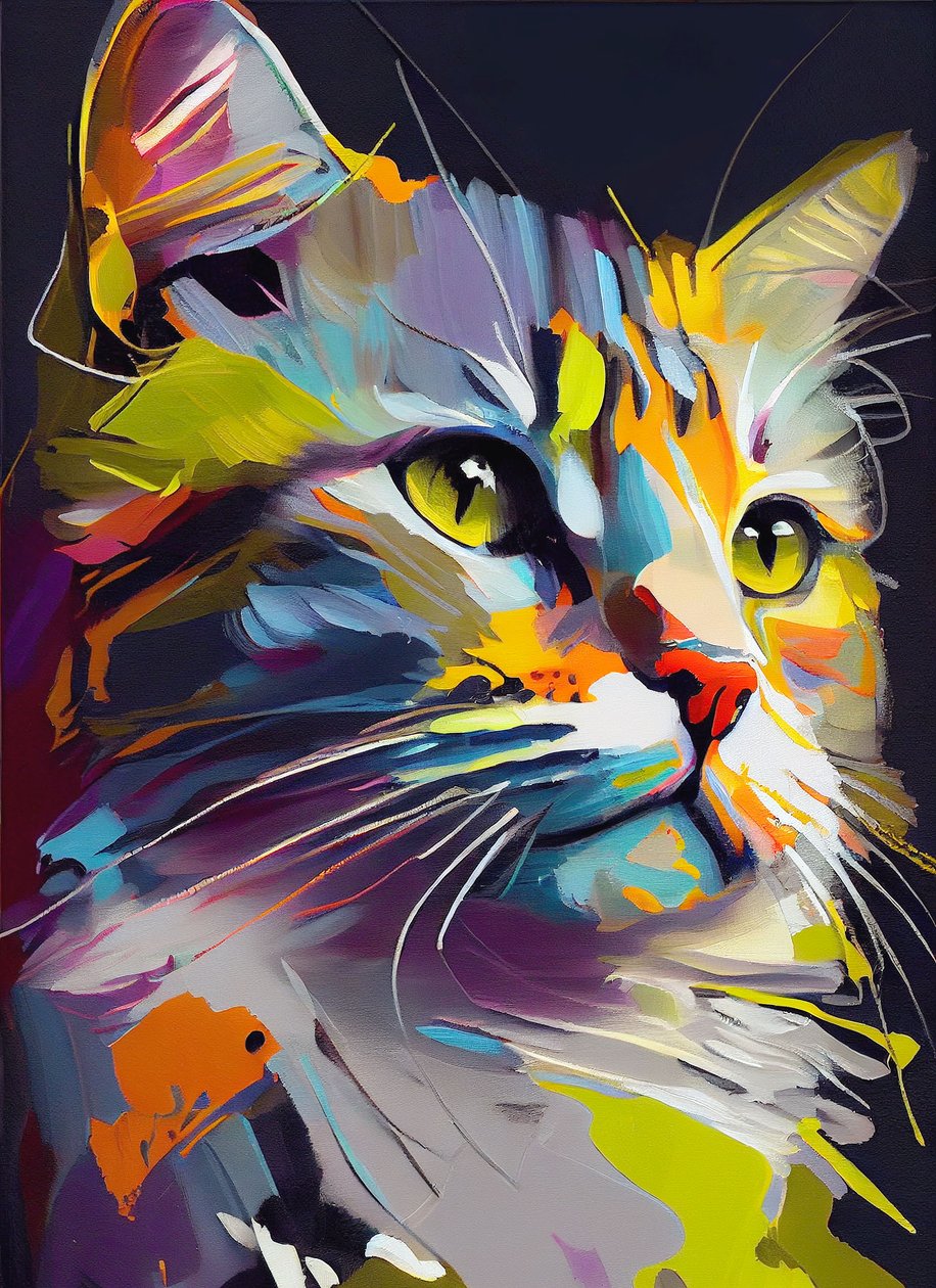 Abstrakt sød kat, penselstrøg med oliemaleri, vægkunstprint af F. Abderrahim