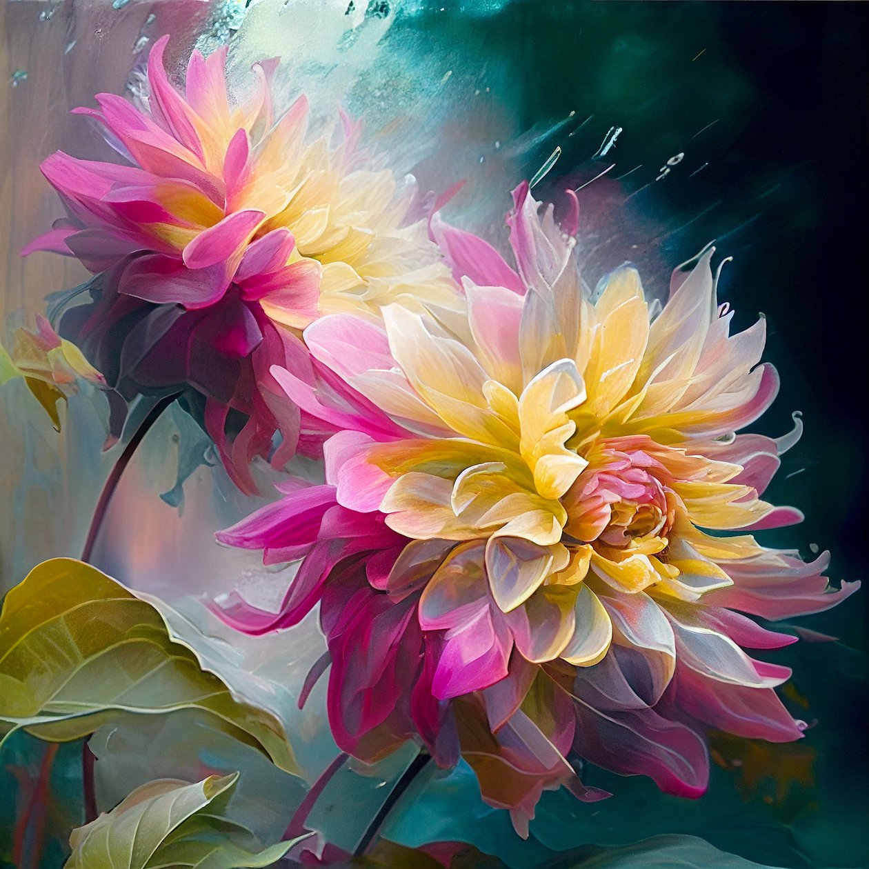 Abstrakt lyserød Dahlia-blomst, der svajer i isnende brise, vægkunsttryk af F. Abderrahim