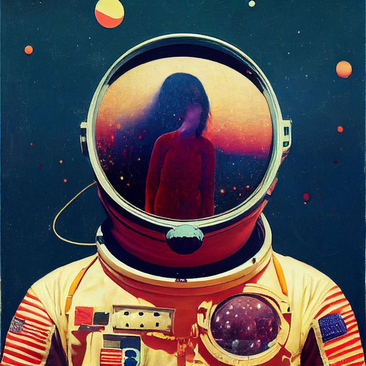 Abstrakt astronaut maleri i rummet, vægkunst | Lærredstryk af F. Abderrahim