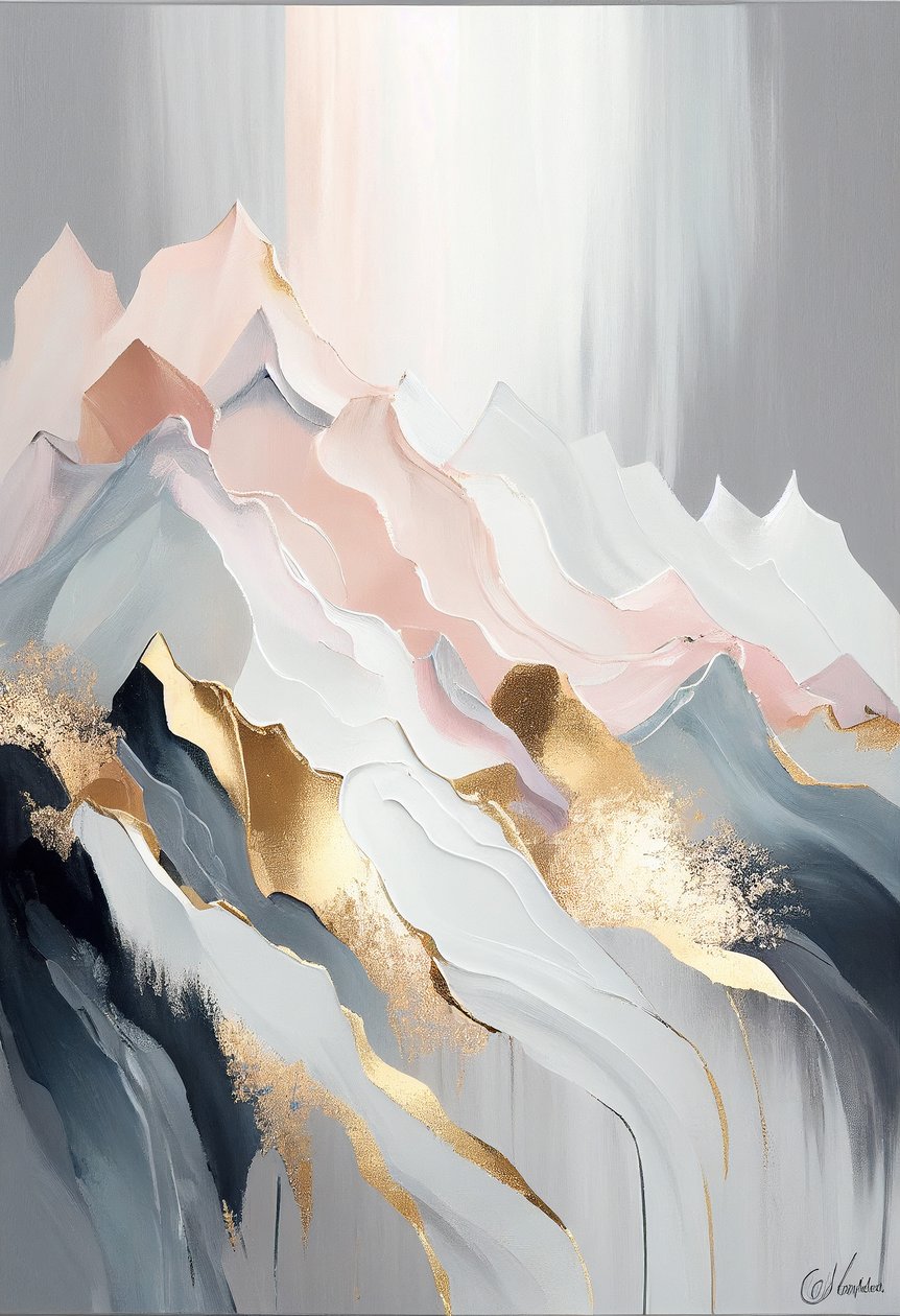 Abstrakte gyldne bjergmalerier inspireret af Olga Suvorova, kunsttryk af F. Abderrahim