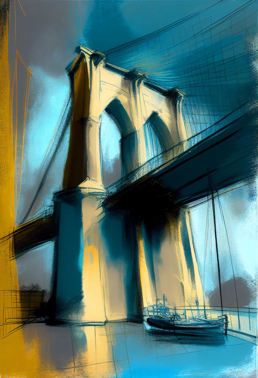 Abstrakt skitse Brooklyn bridge maleri på lærred, vægkunst print af F. Abderrahim