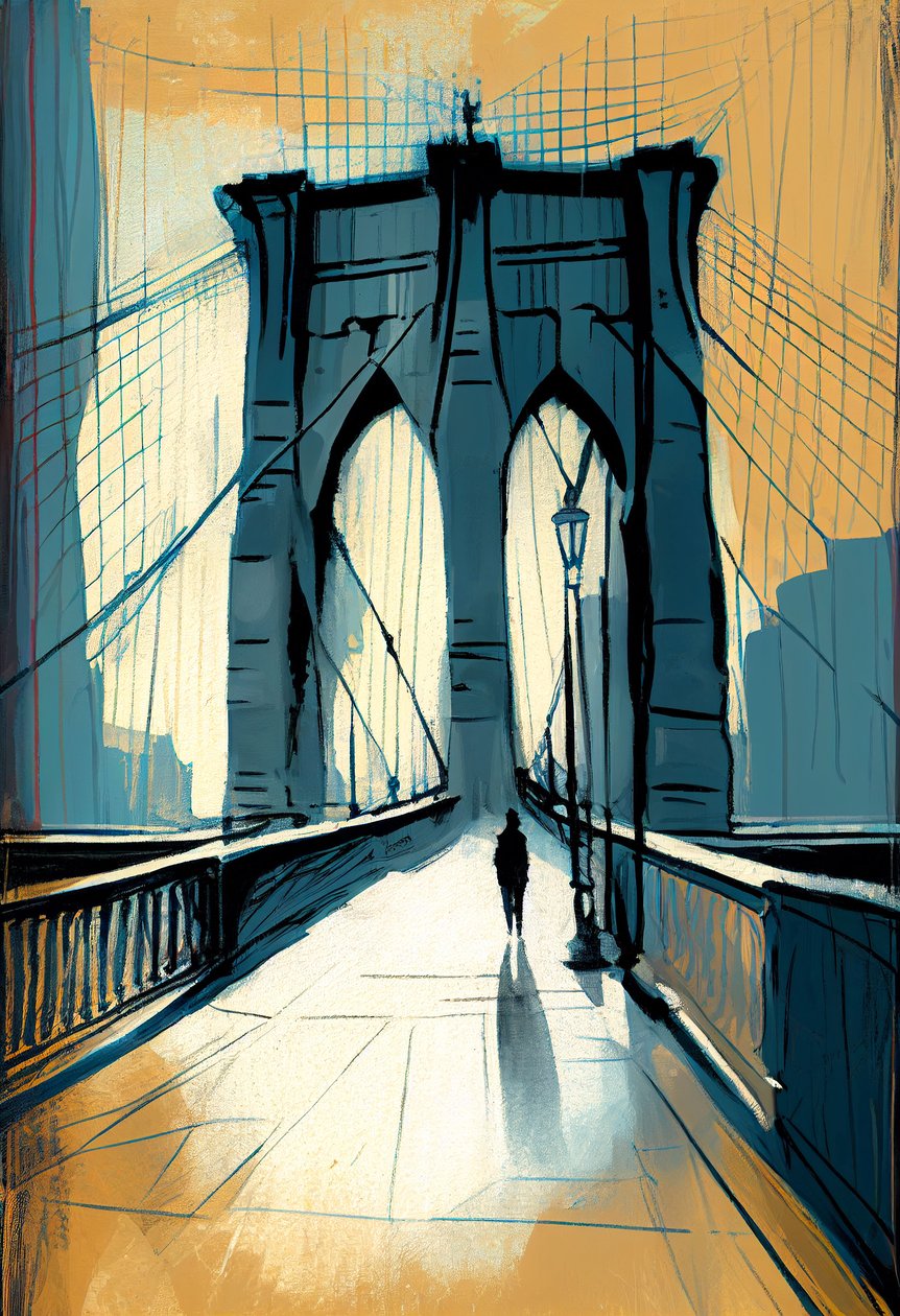 Abstrakt skitse Brooklyn bridge maleri, vægkunst print på efterspørgsel af F. Abderrahim