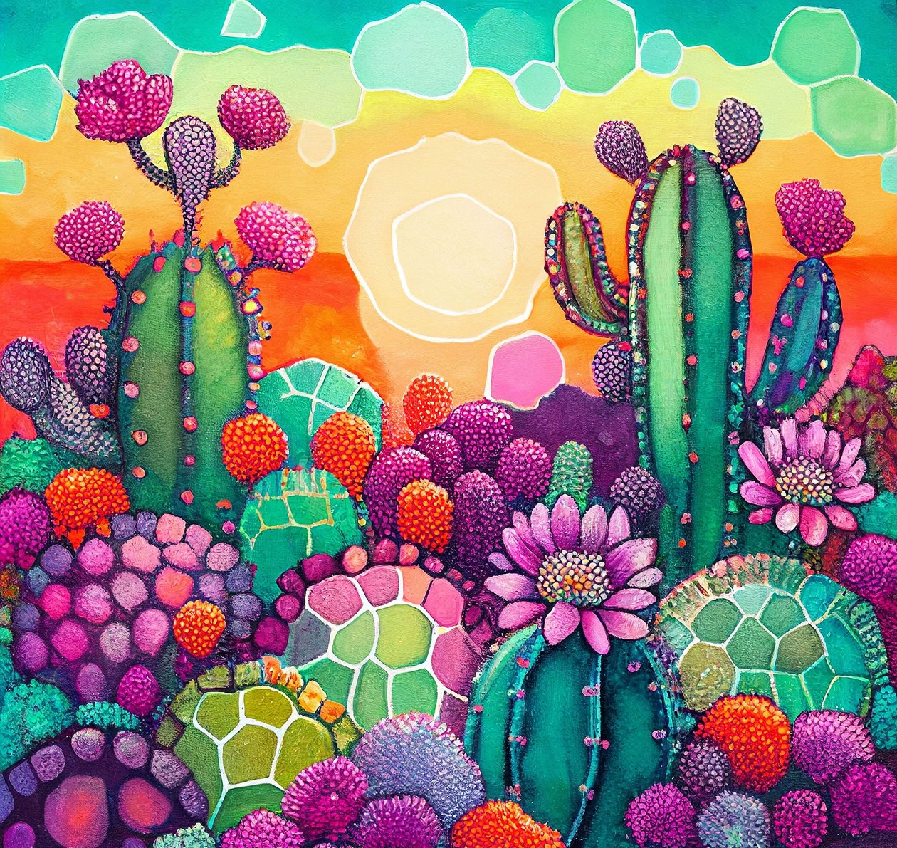 Desert Bloom: farverigt abstrakt maleri af solnedgang på kaktusplateauer af F. Abderrahim
