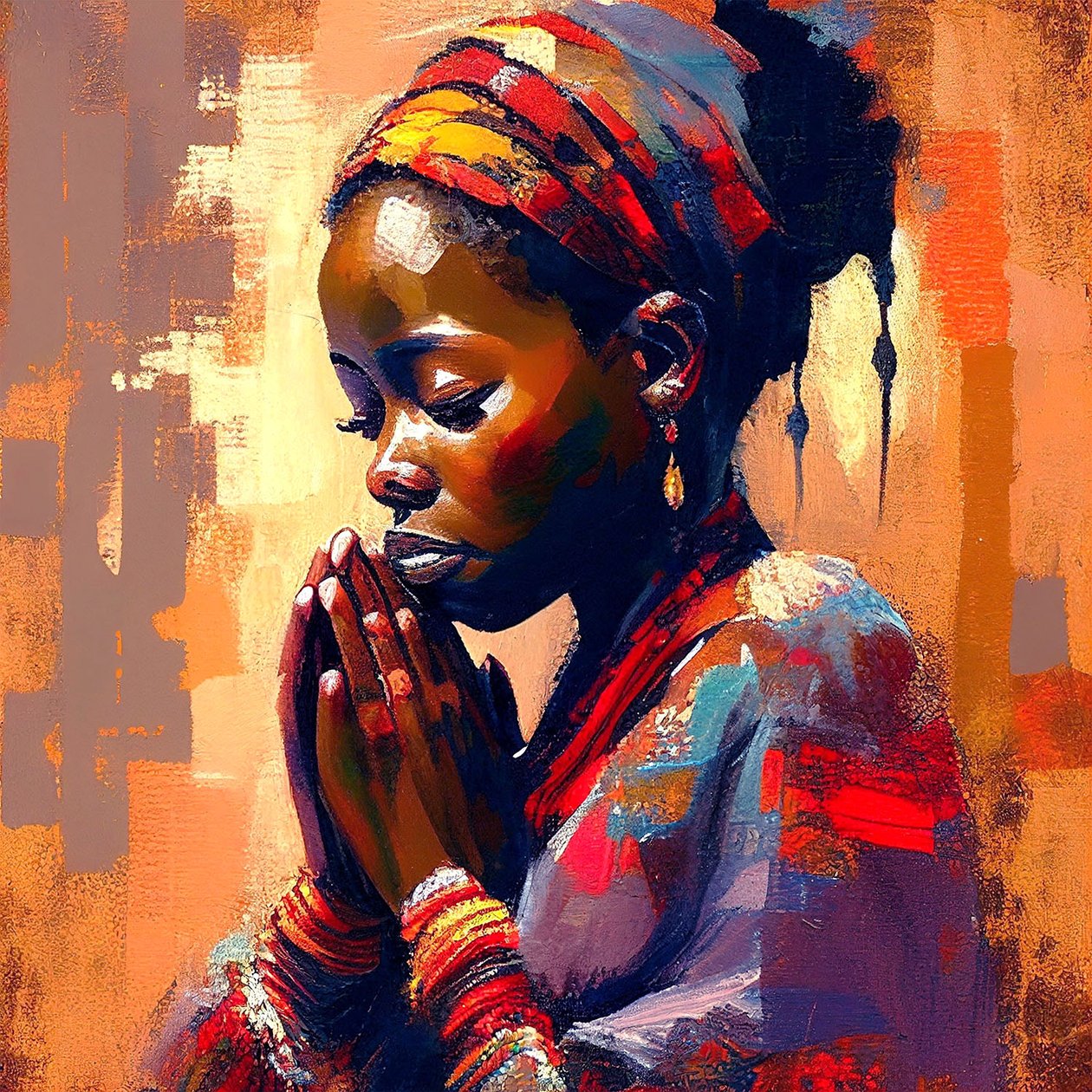 Digitalt lærredsmaleri: Afrikansk pige i meditation, vægkunsttryk af F. Abderrahim
