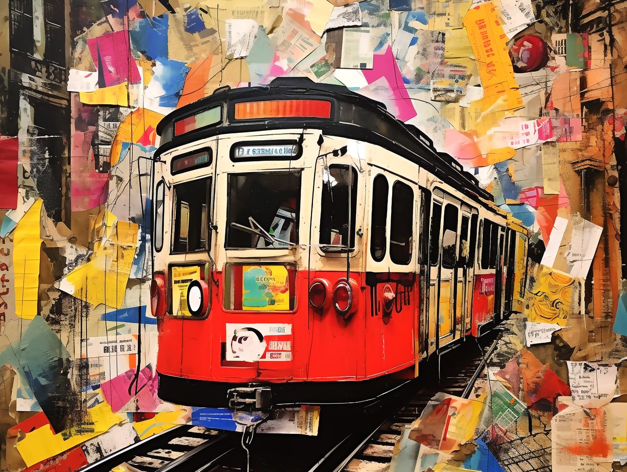 Kabelbanestation Collage Stickers, Vægkunst | Lærredstryk af F. Abderrahim