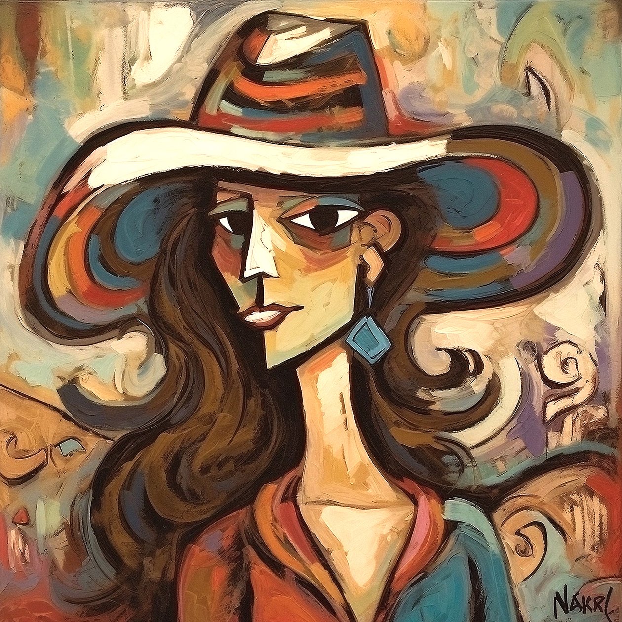 Maleri af en smuk moderne dame iført hat, Wall Art | Lærredstryk af F. Abderrahim