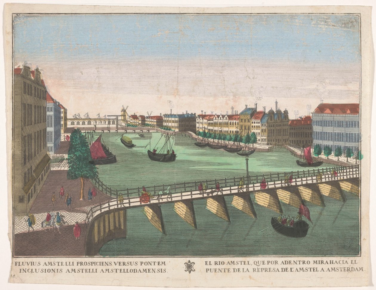 Udsigt over Binnen-Amstel mellem Blauwbrug og Hogesluis i Amsterdam El rio Amstel, que por adentro mirahacia el puente de la represa de l