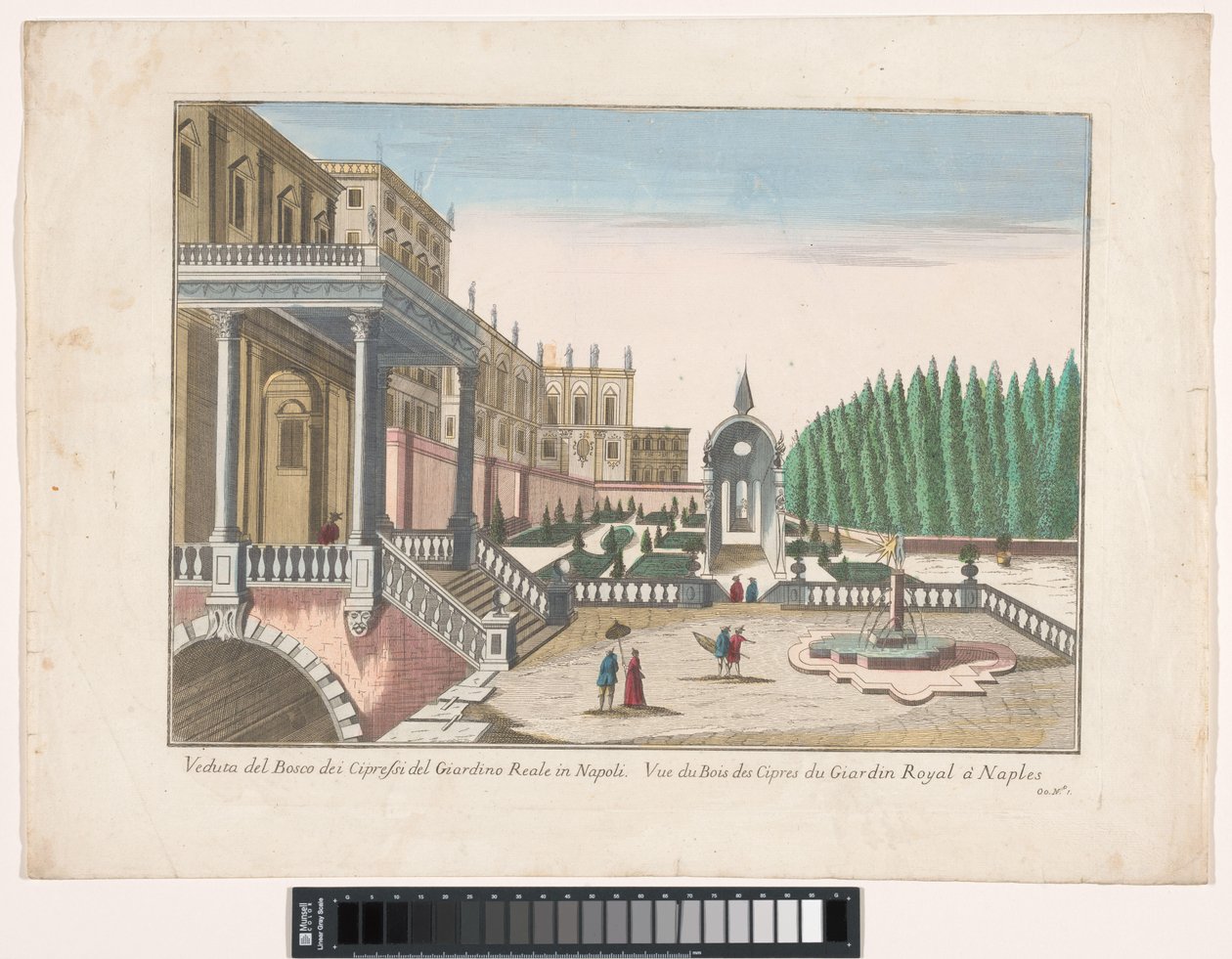 Udsigt over en have og et kongeslot i Napoli Veduta del bosco dei cypressi del giardino reale i Napoli (titel på objektet) af familie Remondini (attributed to)