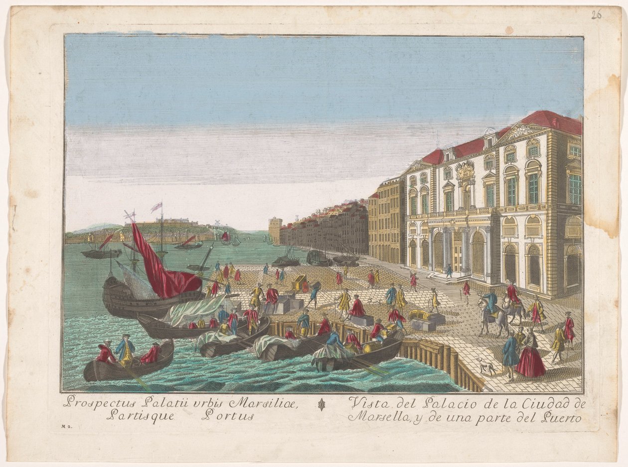 Se på Stadhuis i Marseille Udsigt over bypaladset i Marseille og en del af havnen (titel på objektet) af familie Remondini (attributed to)