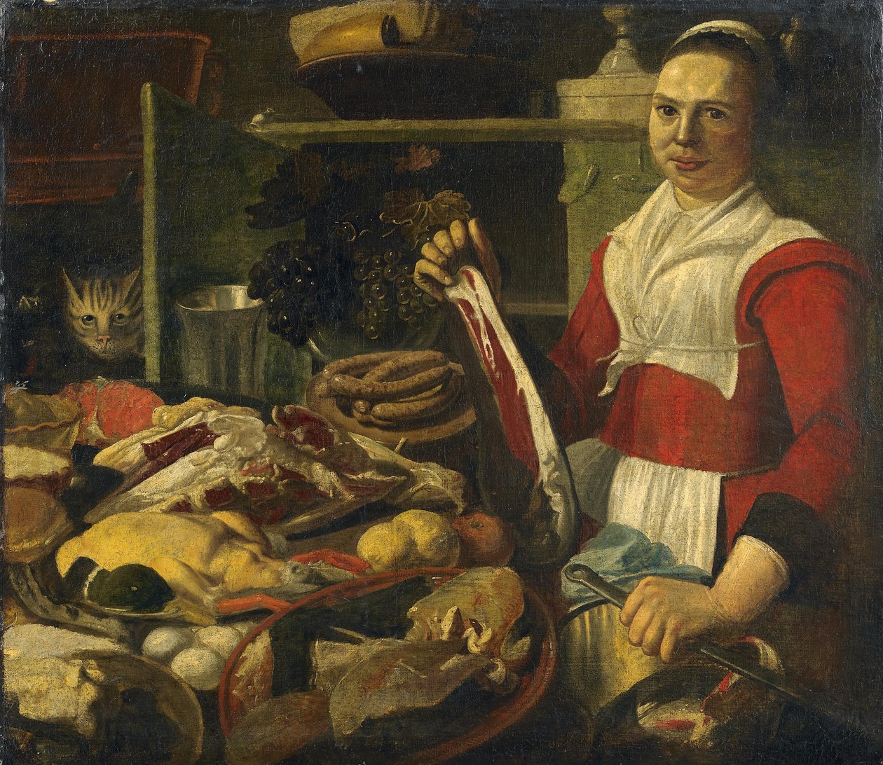 Stort køkken stilleben af follower of Pieter Corneliusz. van Rijck