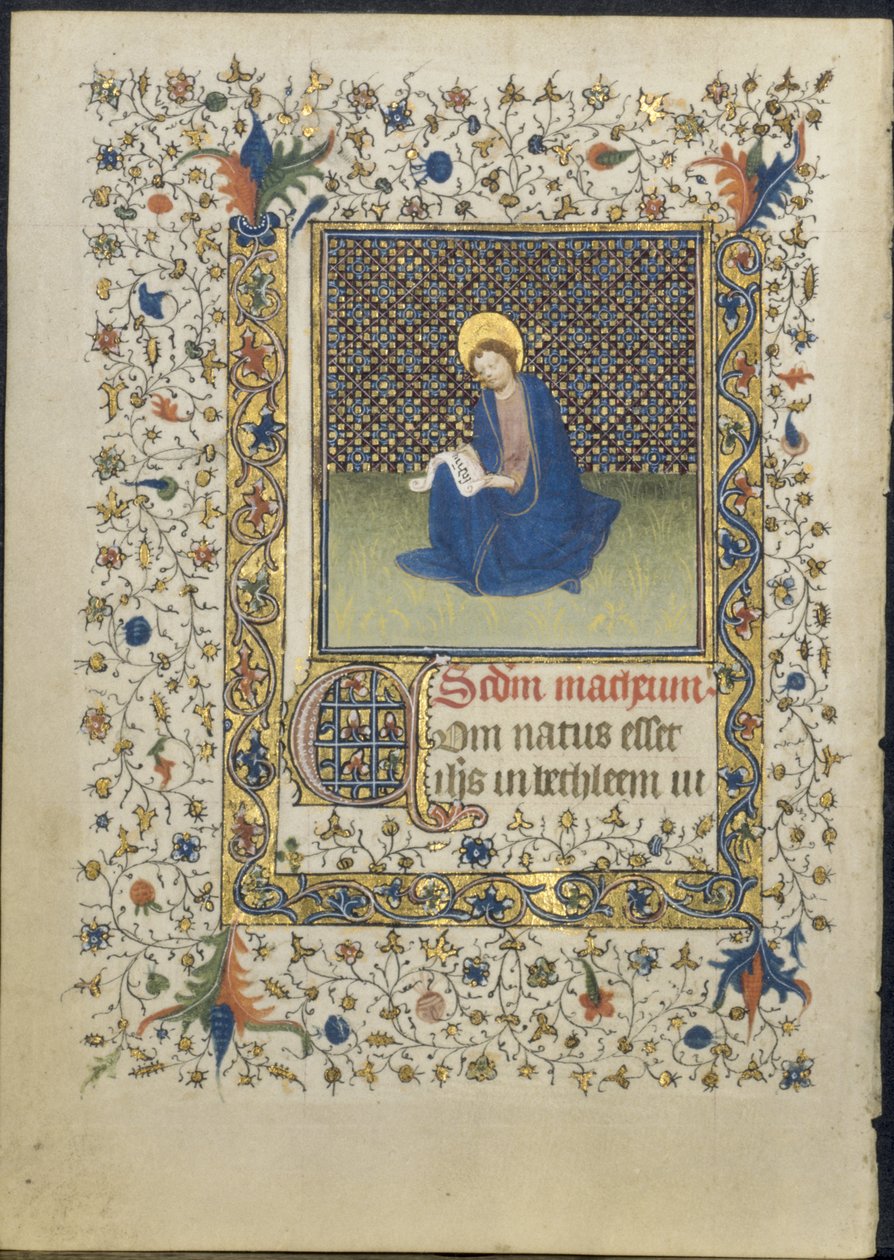 Blad fra en timebog: St. Matthæus af follower of Limbourg Brothers