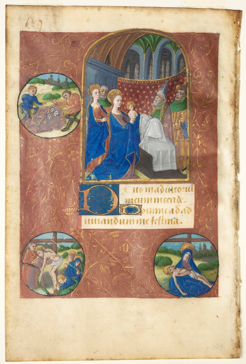 Blad fra en timebog: Præsentation i templet med rundstykker af lodtrækningen, aflejringen og Pietà (Ingen, Jomfruens kontor) af follower of Master of Adélaïde de Savoie