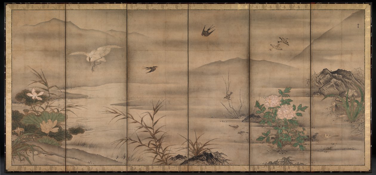 Fugle og blomster i et landskab med de fire årstider af follower of Sesshū Tōyō