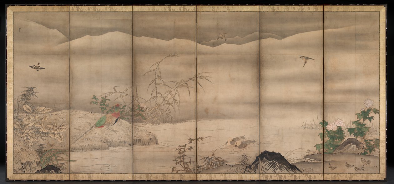 Fugle og blomster i et landskab med de fire årstider af follower of Sesshū Tōyō