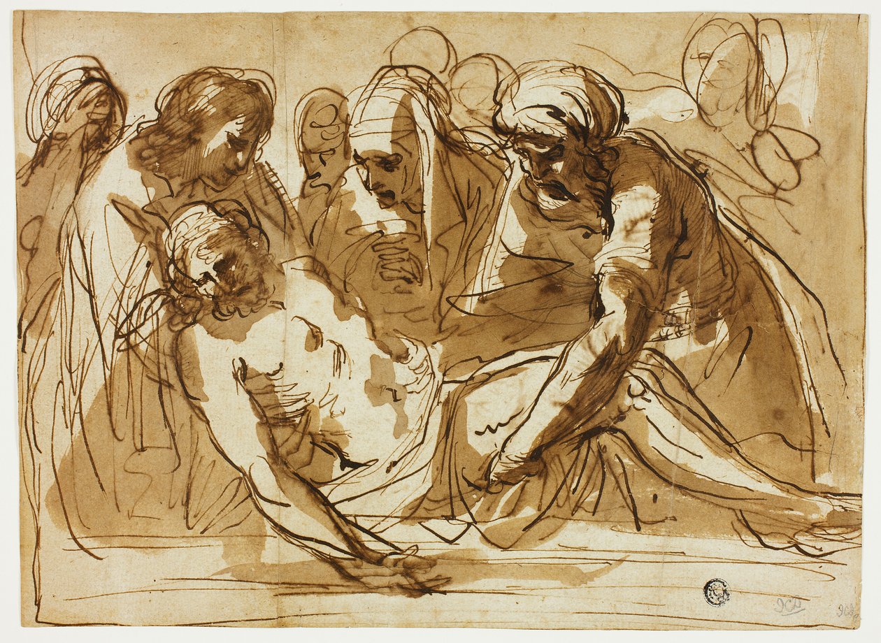 Begravelse (recto); Jomfru og barn med spædbarnet Johannes Døberen (verso) af imitator of Guercino