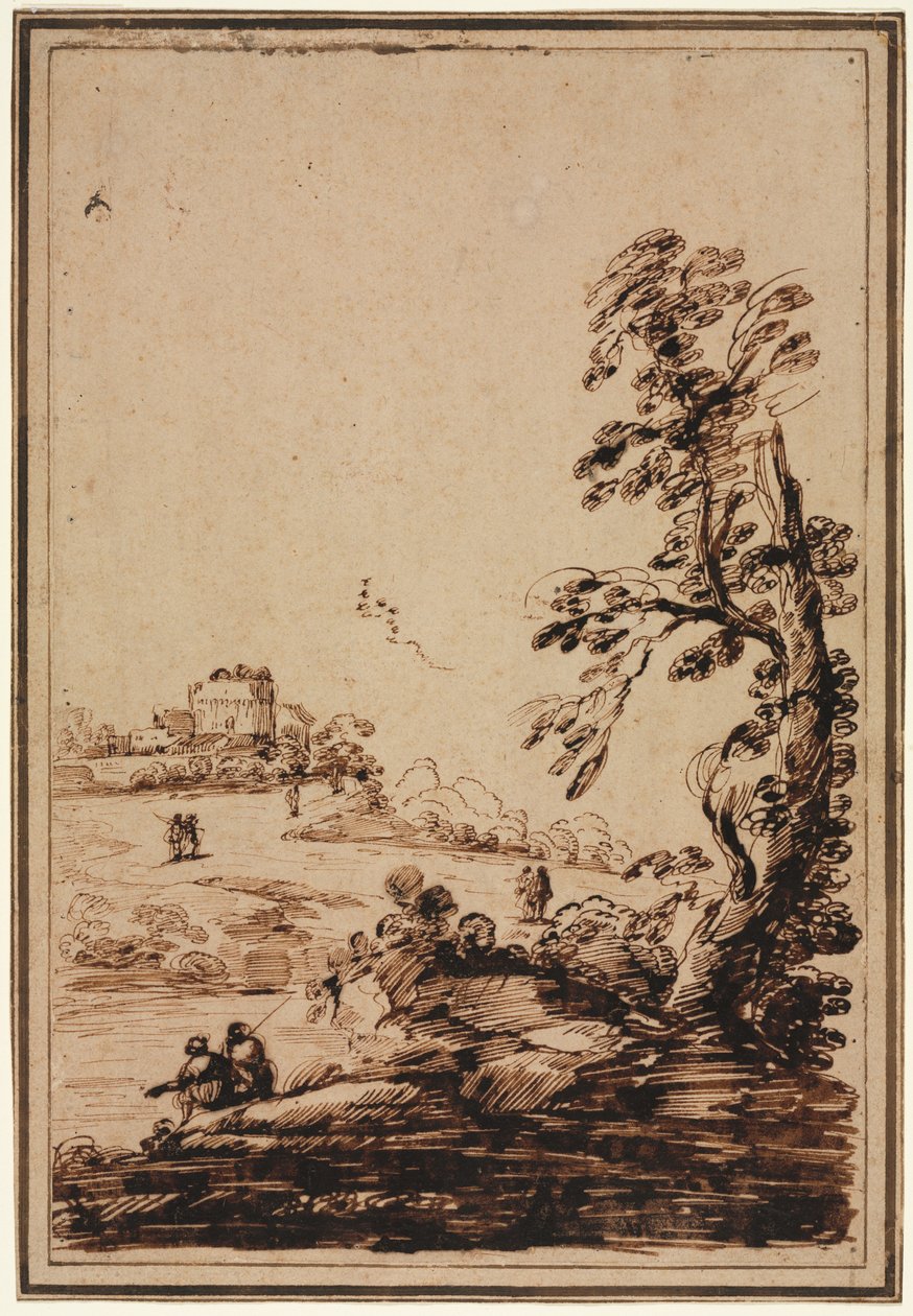 Landskab med lille gruppe bygninger af imitator of Guercino