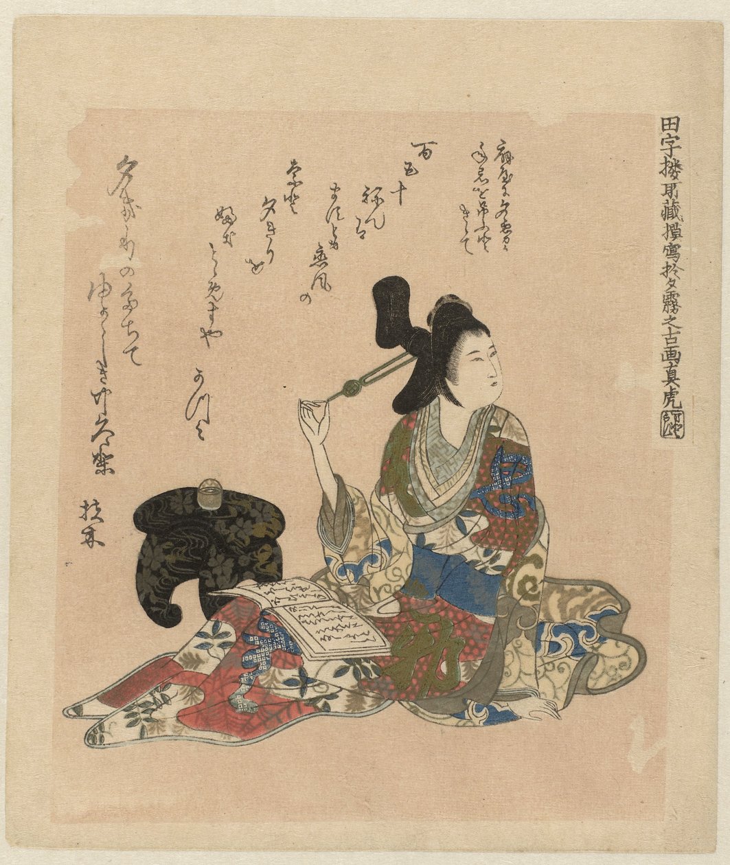 Et gammelt maleri af kurtisanen Yugiri fra Tajirô-samlingen af ​​Matora Tajirô shozô Yugiri no koga o mosha Matora (titel på objekt) af Ôishi Matora