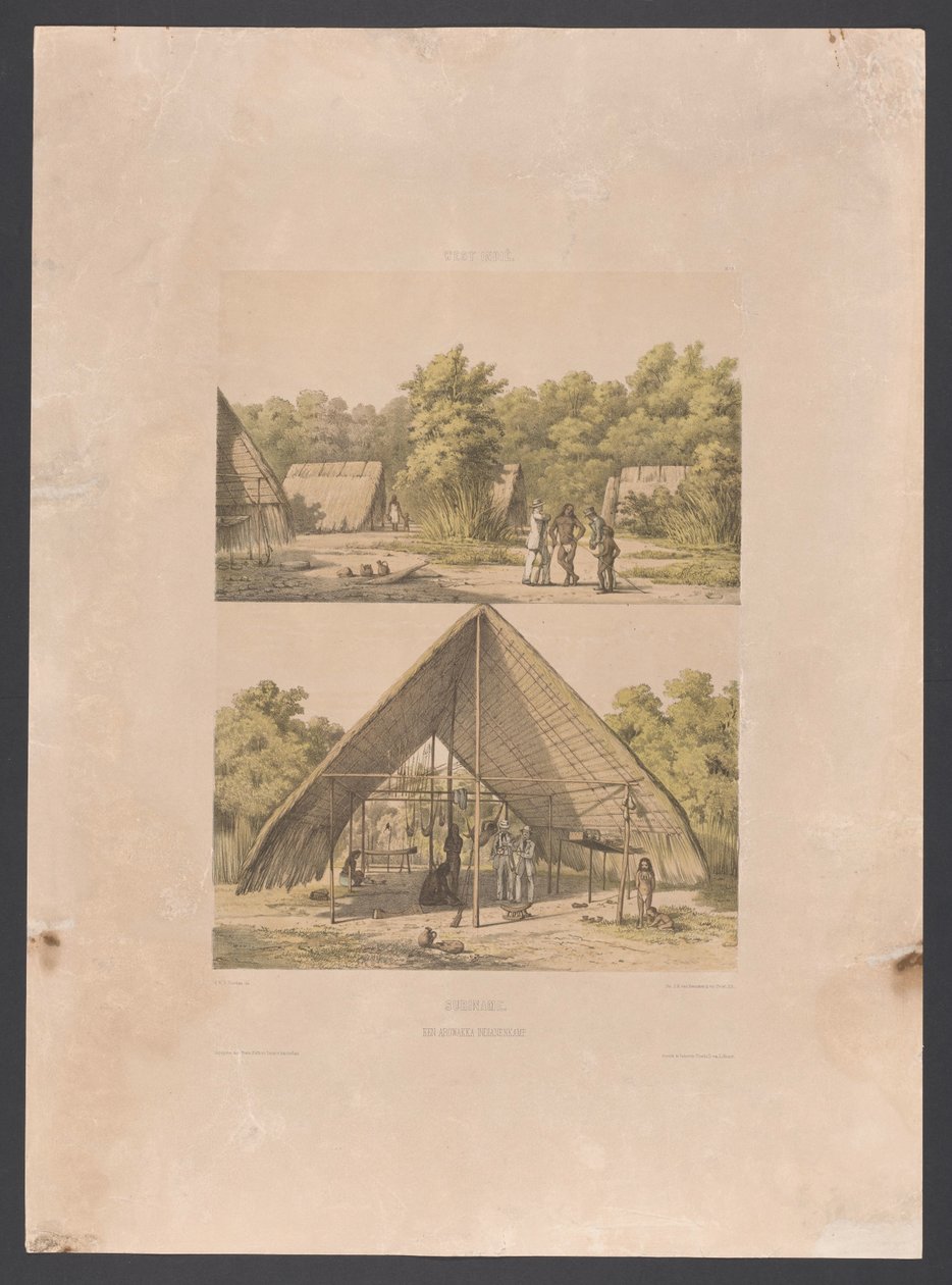 Arowak-lejren i Surinam Surinam. En Arowakka Indian Camp (titel på objekt) Vestindien (serietitel på objekt) Udsigt fra Hollands Vestindien (serietitel) af jonkheer Jacob Eduard van Heemskerck