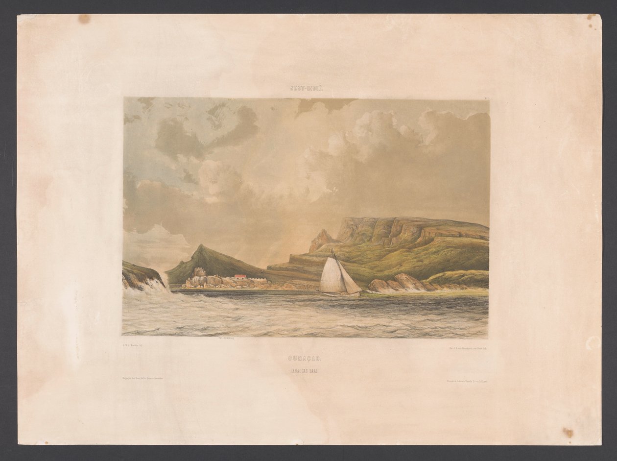 Caracas bugten Curacao. Caraccas Bay (titel på objekt) Vestindien (serietitel på objekt) Udsigt fra Hollands Vestindien (serietitel) af jonkheer Jacob Eduard van Heemskerck