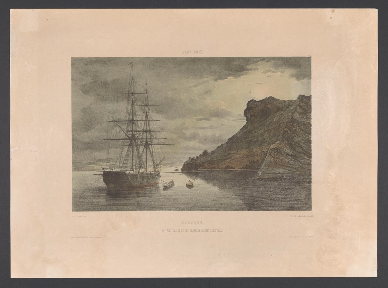 Fort Nassau og Schottegat Curacao. Fort Nassau og en del af Schottegat (titel på objekt) Vestindien (serietitel på objekt) Udsigt fra Hollands Vestindien (serietitel) af jonkheer Jacob Eduard van Heemskerck