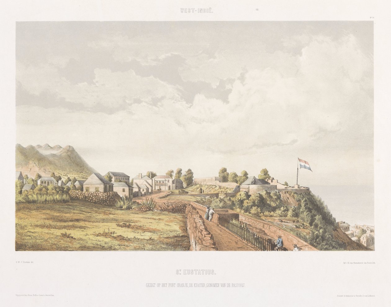 Udsigt over fortet Oranje og krateret på Sint Eustatius Gezigten fra Neerlands West-Indien (serietitel) af jonkheer Jacob Eduard van Heemskerck