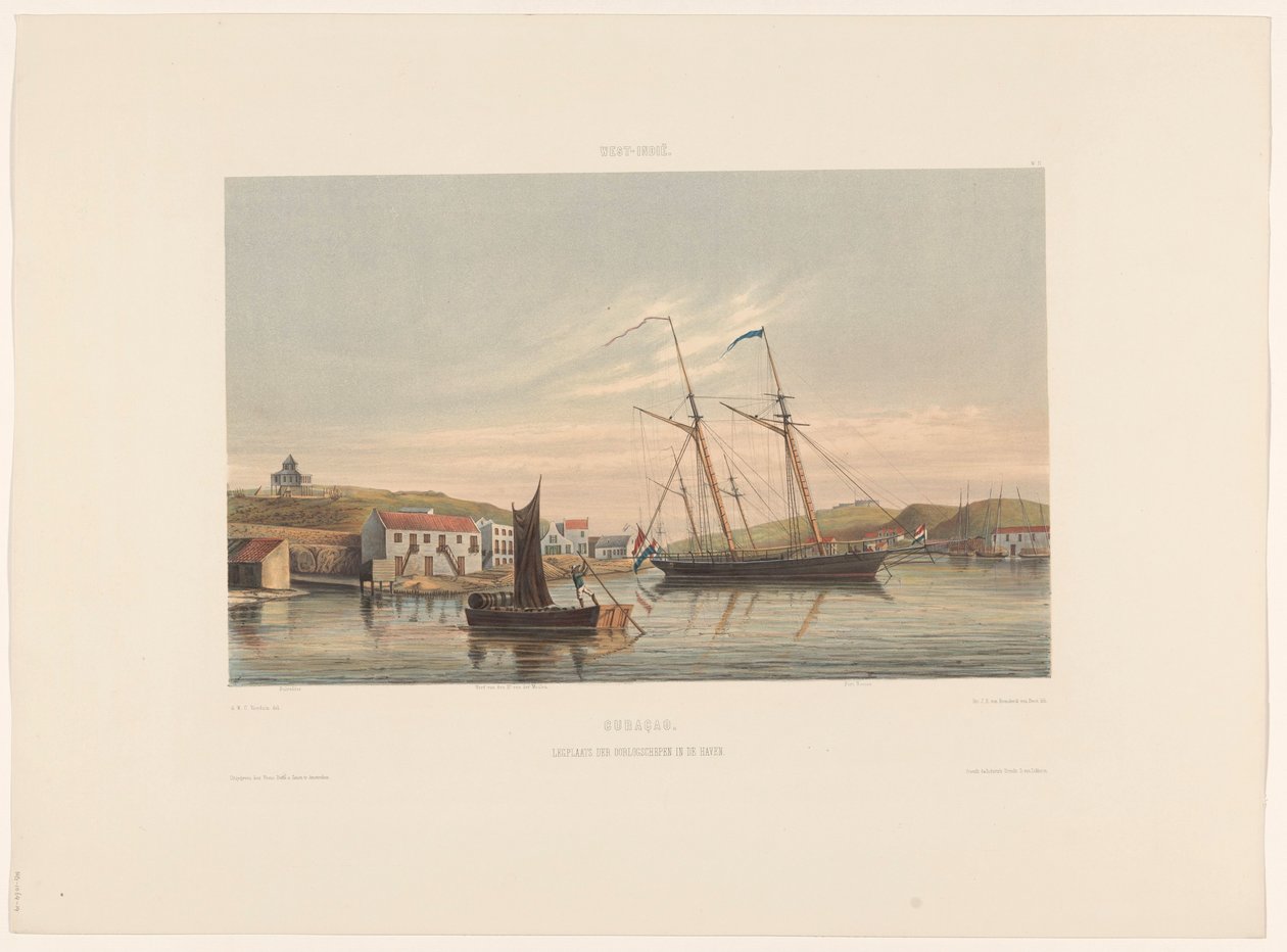 Willemstad havn Curacao. Anløb af krigsskibe i havnen (titel på objekt) af jonkheer Jacob Eduard van Heemskerck