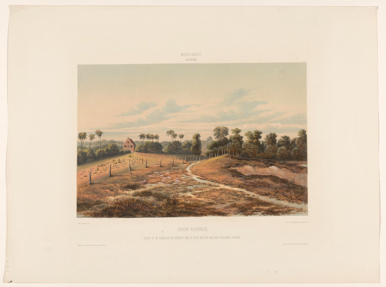 Jødisk Savanne jøder Savannah. Udsigt over synagogen og kirkegården fra siden af ​​militærets Cordonpad (titel på objektet) af jonkheer Jacob Eduard van Heemskerck