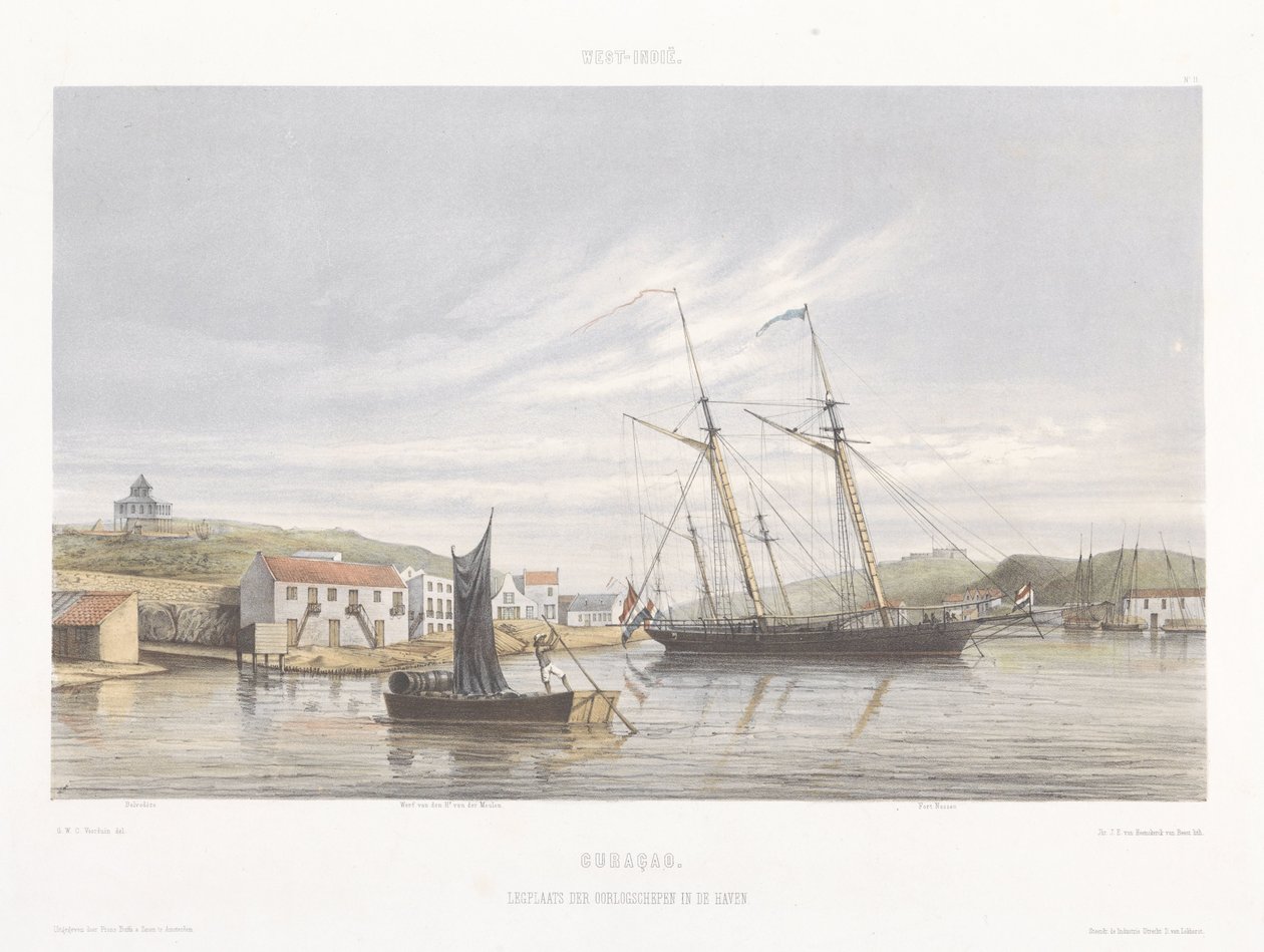 Kaj til krigsskibe i Curaçaos havn Udsigt fra Hollands Vestindien (serietitel) af jonkheer Jacob Eduard van Heemskerck