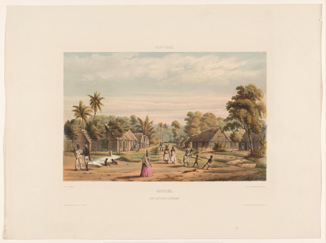 Slavekvarterer på en plantage Slavelejr Surinam. En plantageslavelejr (titel på objekt) af jonkheer Jacob Eduard van Heemskerck