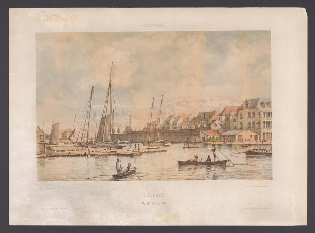 Waaigat og Willemstads bymur Curacao. Waaigat og bymur Vestindien (serietitel på objekt) Udsigt fra Hollands Vestindien (serietitel) af jonkheer Jacob Eduard van Heemskerck