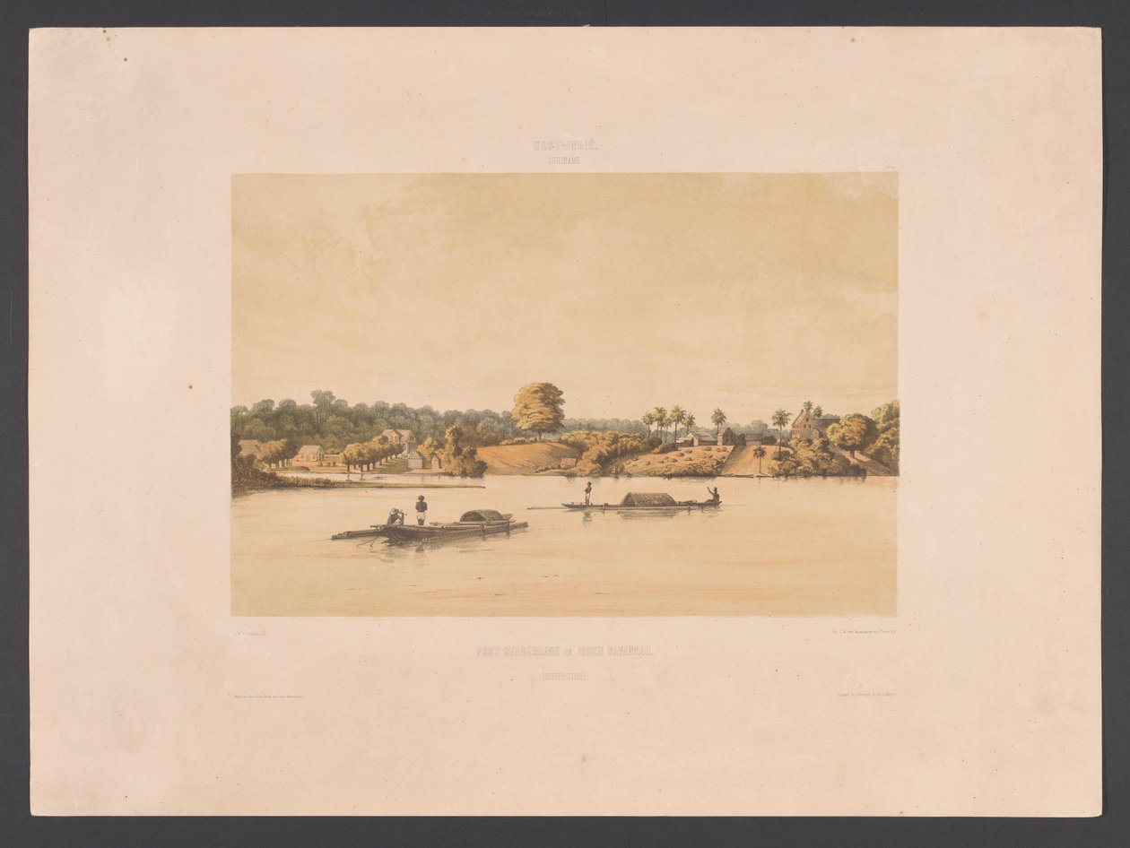 Havnefront og reder i Paramaribo Post Gelderland og jøderne Savannah [flodsiden] (titel på objektet) Vestindien (serietitel på objekt) Udsigt fra Hollands Vestindien (serietitel) af jonkheer Jacob Eduard van Heemskerck